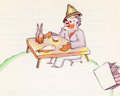 A man alone at a small table with a little crowd of bottles.