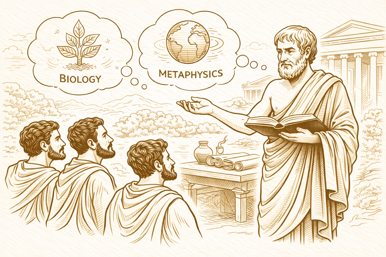 Aristotle teaching his students — thought bubbles overhead labeled Biology and Metaphysics, a table of specimens before him.