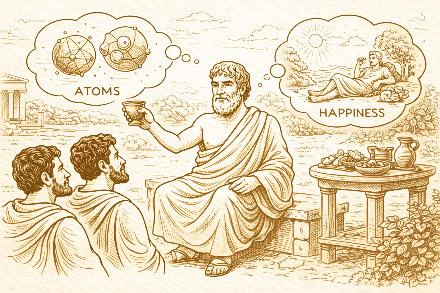 Epicurus in his garden — raising a cup to his students, with thought bubbles of atoms and a reclining figure labeled happiness.