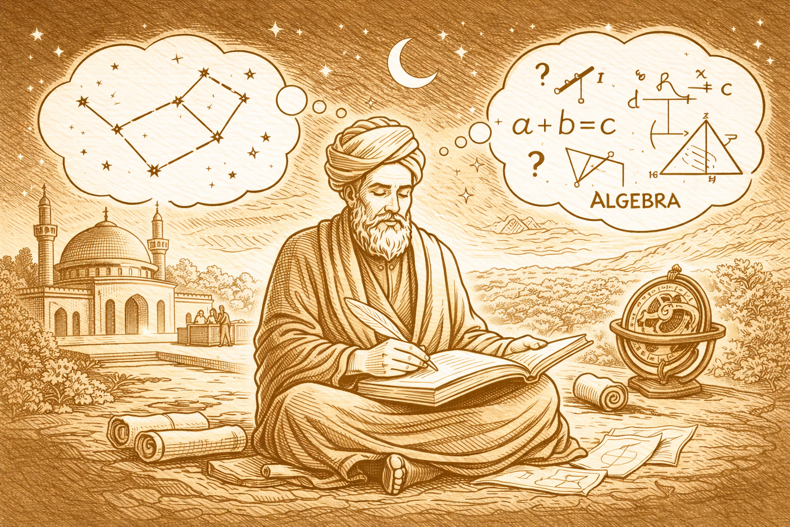 Omar Khayyam seated with a book, a celestial globe and scrolls beside him — thought bubbles overhead carrying constellations and algebraic equations.