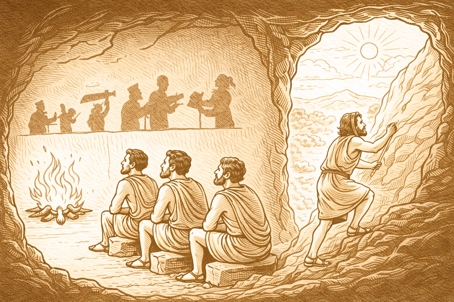 Plato's allegory of the cave — prisoners watch shadows on the wall while one escapes toward the sunlit world outside.