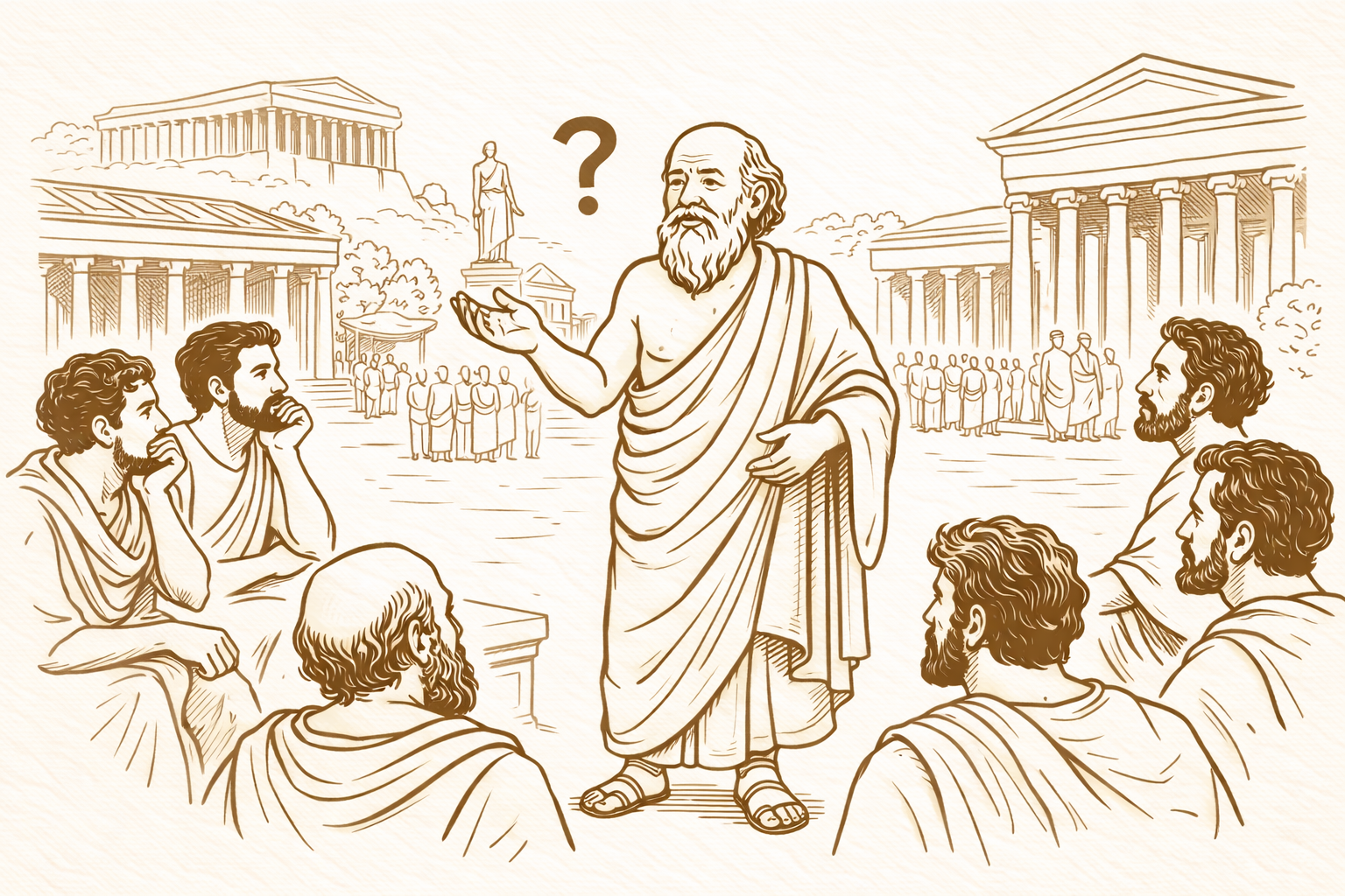 Socrates teaching in the Agora — surrounded by listeners beneath the columns of Athens.